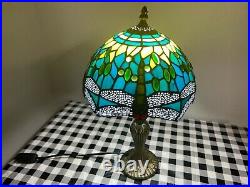 Enjoy Tiffany Style Table Lamp Sea Blue Stained Glass Dragonfly