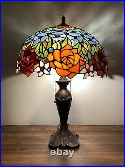 Enjoy Tiffany Style Table Lamp Stained Glass Rose Flowers Blue Vintage W16H24