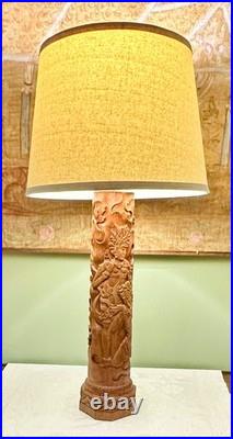 Exceptional Mid Century Carved Balinese Teak Lamp Hindu Ramayana Figures 32 H Exceptional Mid Century Carved Balinese Teak Lamp Hindu Ramayana Figures 32 H