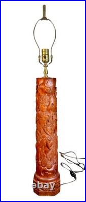 Exceptional Mid Century Carved Balinese Teak Lamp Hindu Ramayana Figures 32 H