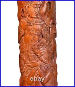 Exceptional Mid Century Carved Balinese Teak Lamp Hindu Ramayana Figures 32 H