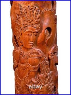 Exceptional Mid Century Carved Balinese Teak Lamp Hindu Ramayana Figures 32 H