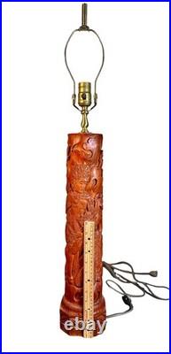 Exceptional Mid Century Carved Balinese Teak Lamp Hindu Ramayana Figures 32 H