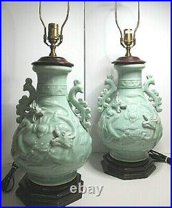 Exquisite Pair of Large Vintage Wildwood Asian Celadon Porcelain Dragon Lamps