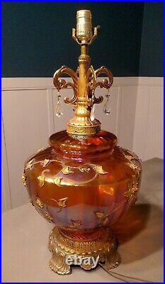 Falkenstein Applied Gold Floral Iridescent Glass Hollywood Regency Table Lamp