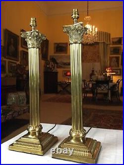 Fantastic Huge Pair Vintage Brass Reeded Column Corinthian Table Lamps 23 Inches