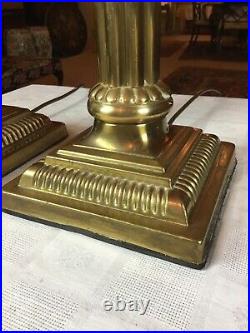 Fantastic Huge Pair Vintage Brass Reeded Column Corinthian Table Lamps 23 Inches