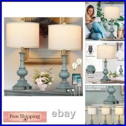 Farmhouse Table Lamps Set of 2 26 Vintage Rustic Blue Dimmable USB Ports AC