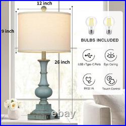 Farmhouse Table Lamps Set of 2 26 Vintage Rustic Blue Dimmable USB Ports AC