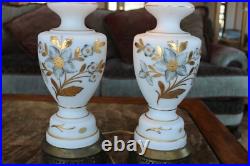 Floral & Gold Leaf Vintage West German Electric 3-Way Hand Painted Table Lamps