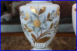 Floral & Gold Leaf Vintage West German Electric 3-Way Hand Painted Table Lamps