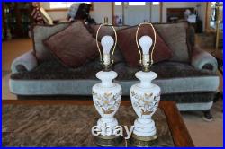 Floral & Gold Leaf Vintage West German Electric 3-Way Hand Painted Table Lamps