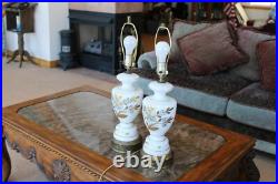 Floral & Gold Leaf Vintage West German Electric 3-Way Hand Painted Table Lamps