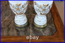 Floral & Gold Leaf Vintage West German Electric 3-Way Hand Painted Table Lamps