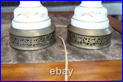 Floral & Gold Leaf Vintage West German Electric 3-Way Hand Painted Table Lamps