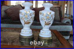 Floral & Gold Leaf Vintage West German Electric 3-Way Hand Painted Table Lamps