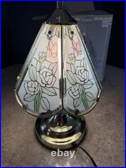 Floral Rose & Butterfly Lamp Brass withSix Painted Rose Glass Panels NIB NOS