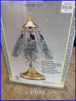 Floral Rose & Butterfly Lamp Brass withSix Painted Rose Glass Panels NIB NOS