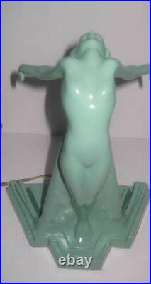 Frankart butterfly nymph art deco table lamp in greenie finish metal & glass USA