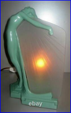 Frankart butterfly nymph art deco table lamp in greenie finish metal & glass USA