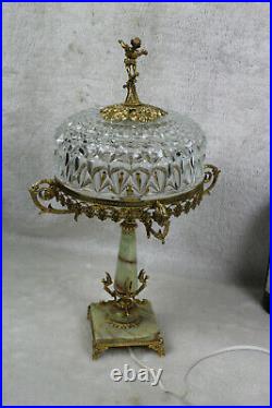 French vintage 1960 Brass caryatids putti angel crystal glass table lamp onyx