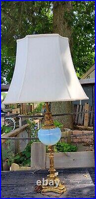 GORGEOUS Vintage Blue Opalescent Glass Brass Table Lamp
