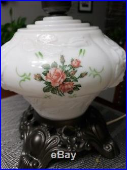 Gone with the wind vintage 3 way Puffy Milk glass hurricane lamp Wild Roses