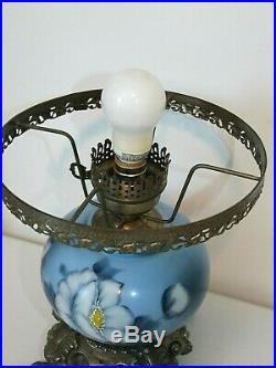 Gorgeous Blue Vintage Gone with the Wind Hurricane Lamp, 3-Way, Hand-Painted