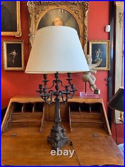 Grand Tour Style Bronze Tall Candelabra Lamp With Lion Base & Custom Silk Shade