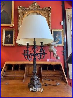 Grand Tour Style Bronze Tall Candelabra Lamp With Lion Base & Custom Silk Shade