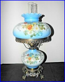 Gwtw A Vintage 3-way Fancy Blue Milk-glass Floral Display Table Hurricane Lamp