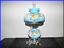 Gwtw A Vintage 3-way Fancy Blue Milk-glass Floral Display Table Hurricane Lamp