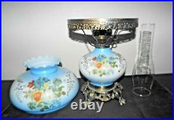 Gwtw A Vintage 3-way Fancy Blue Milk-glass Floral Display Table Hurricane Lamp