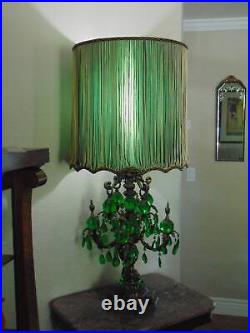 HOLLYWOOD REGENCY TABLE LAMP green glass prisms withoriginal custom shade 44.5