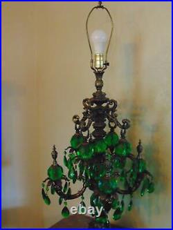 HOLLYWOOD REGENCY TABLE LAMP green glass prisms withoriginal custom shade 44.5