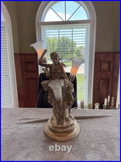 Heavy French Vintage Figural Table Lamp with Glass Tulip Shades Romantic Style