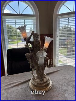Heavy French Vintage Figural Table Lamp with Glass Tulip Shades Romantic Style