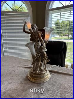 Heavy French Vintage Figural Table Lamp with Glass Tulip Shades Romantic Style