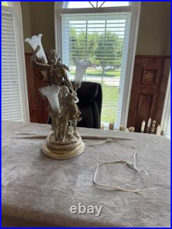 Heavy French Vintage Figural Table Lamp with Glass Tulip Shades Romantic Style