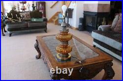 Hollywood Regency MCM Amber 3 Way Ornate Filigree Vintage Table Lamp