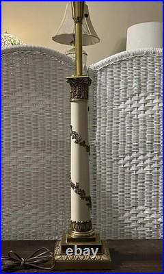 Hollywood Regency Neoclassical Column Table Lamp Brass Floral 33 Tall