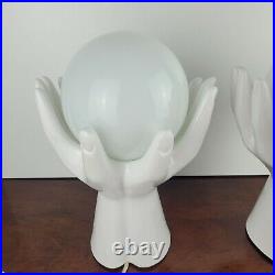 Iconic Pair of Vintage White Ceramic Hands Holding Globe Table Lamps Working