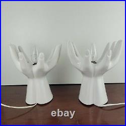 Iconic Pair of Vintage White Ceramic Hands Holding Globe Table Lamps Working