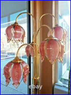 Incredible Glam Vintage Pink Glass & Brass Large 36 Lotus Flower Lamp