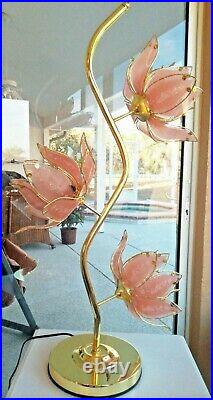 Incredible Glam Vintage Pink Glass & Brass Large 40 Lotus Flower Lamp