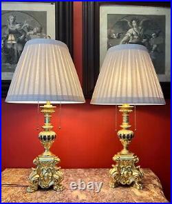 Italian Baroque Style Parcel Painted Carved Giltwood Table Lamps a Pair