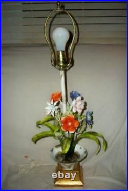Italian Tole Flowers Epergne Table Lamp Gilt Base French Vintage MID Century