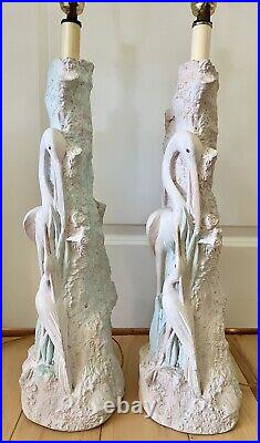 LAMP PAIR Sculptural Egret and Baby Bird Palm Beach Style Vintage 36 Lamps
