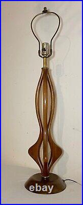 LARGE vintage mid century modern hand carved wood brass electric table lamp tall