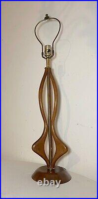 LARGE vintage mid century modern hand carved wood brass electric table lamp tall